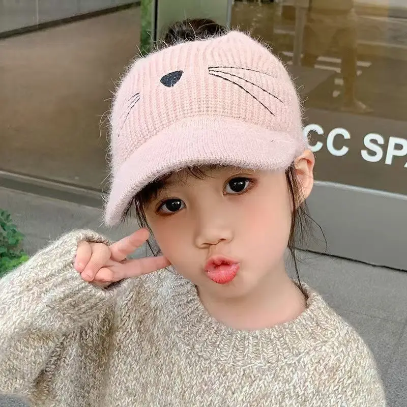 Autumn and winter children's knitted hats, open-top woolen baseball caps for girls, cute and warm thickened knitted hats for babies