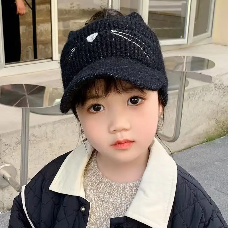 Autumn and winter children's knitted hats, open-top woolen baseball caps for girls, cute and warm thickened knitted hats for babies