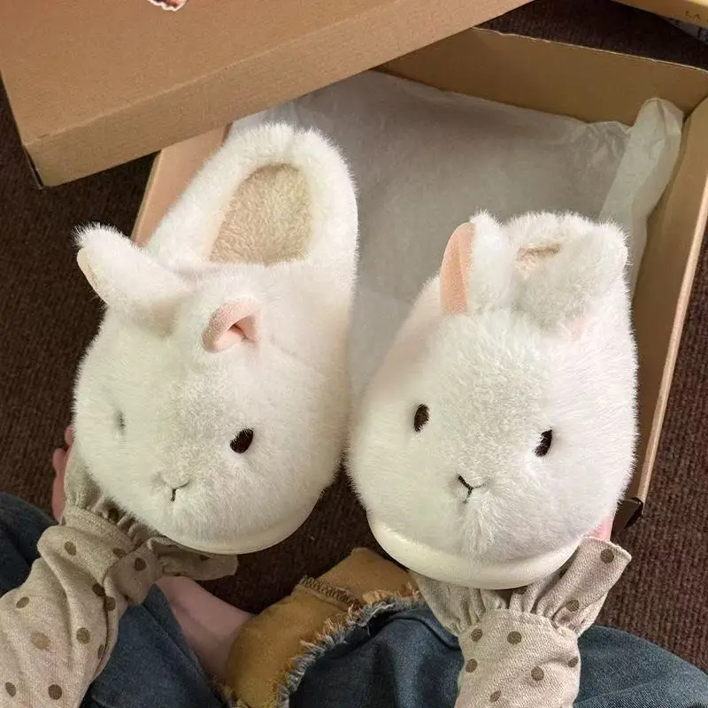4cm rabbit cotton slippers for women, cute winter home slippers, non-slip indoor slippers, suitable for students, can be worn both indoors and outdoors, and provide a height boost