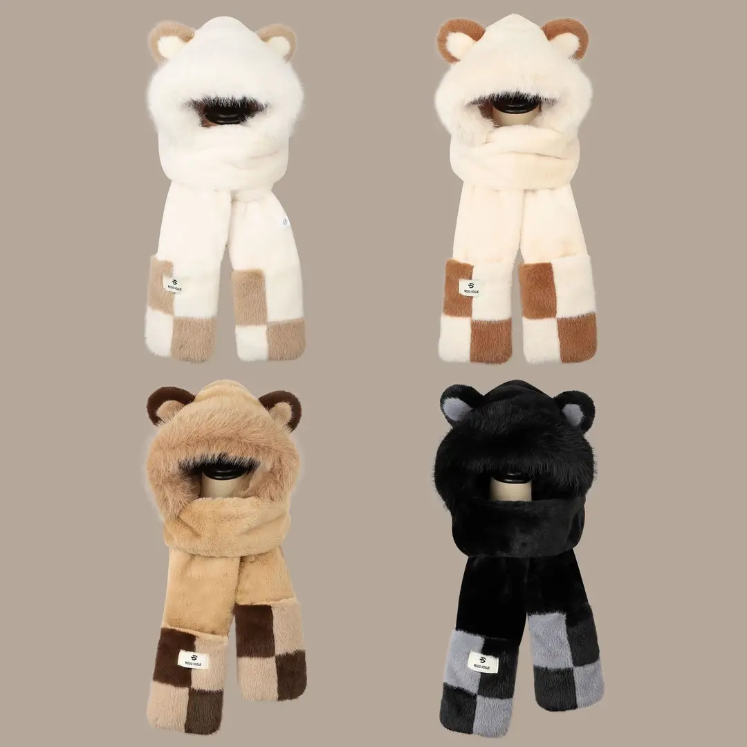 New autumn and winter hat and scarf set: a plush, fleece-lined, and thickened three-piece set for warmth and cold protection, including an ear-covering hat and a Lei Feng hat — feature 3