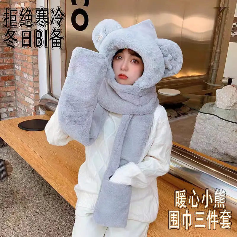 New autumn and winter hat and scarf set: a plush, fleece-lined, and thickened three-piece set for warmth and cold protection, including an ear-covering hat and a Lei Feng hat - Image 10