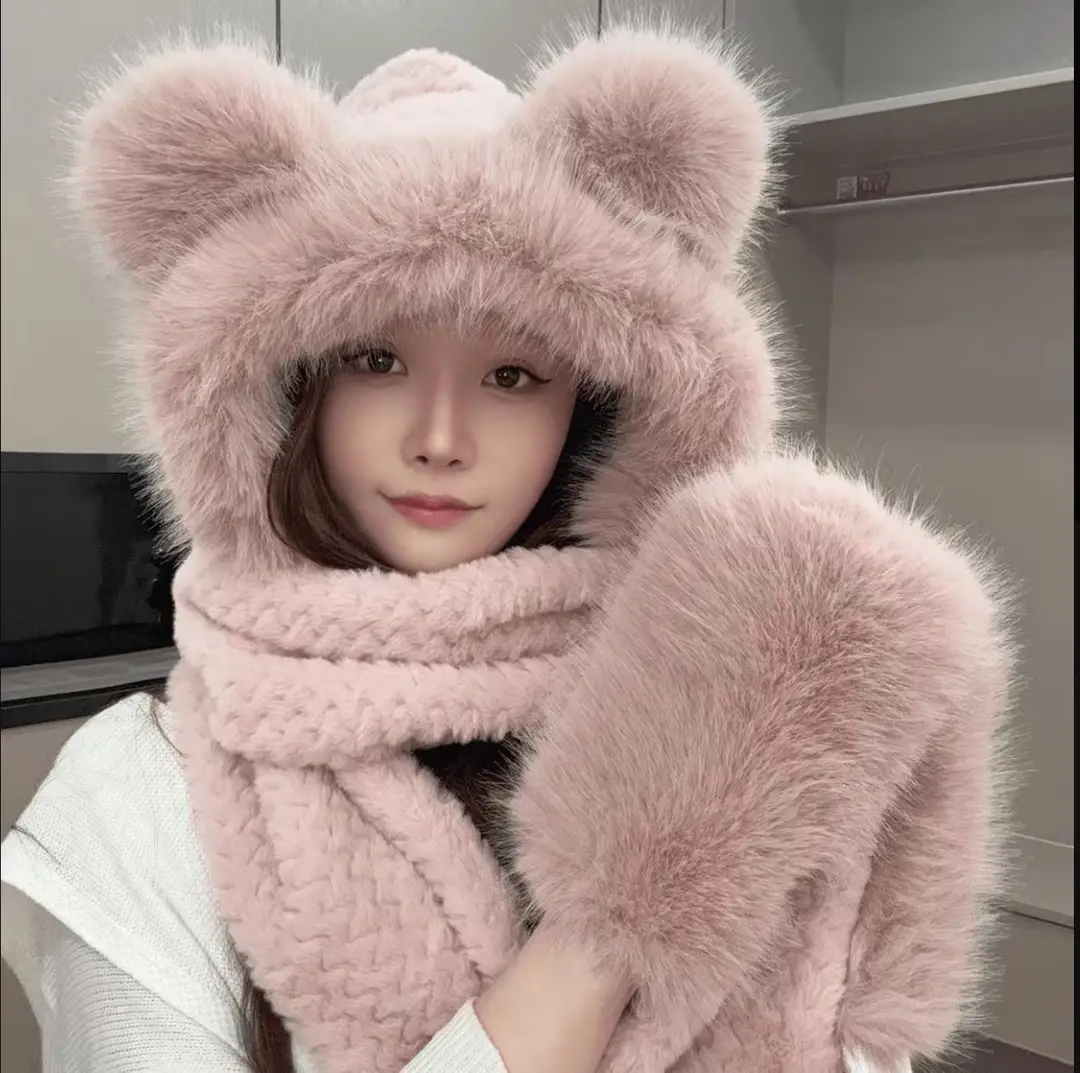New autumn and winter hat and scarf set: a plush, fleece-lined, and thickened three-piece set for warmth and cold protection, including an ear-covering hat and a Lei Feng hat - Image 12