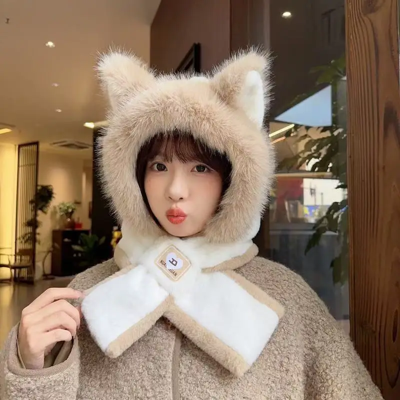 New autumn and winter hat and scarf set: a plush, fleece-lined, and thickened three-piece set for warmth and cold protection, including an ear-covering hat and a Lei Feng hat - Image 17