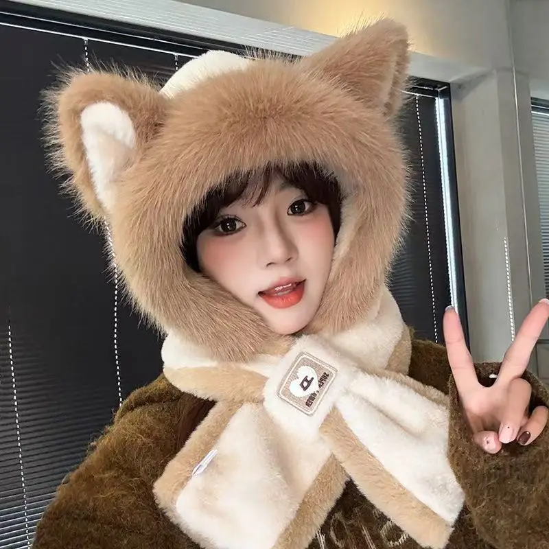 New autumn and winter hat and scarf set: a plush, fleece-lined, and thickened three-piece set for warmth and cold protection, including an ear-covering hat and a Lei Feng hat - Image 18