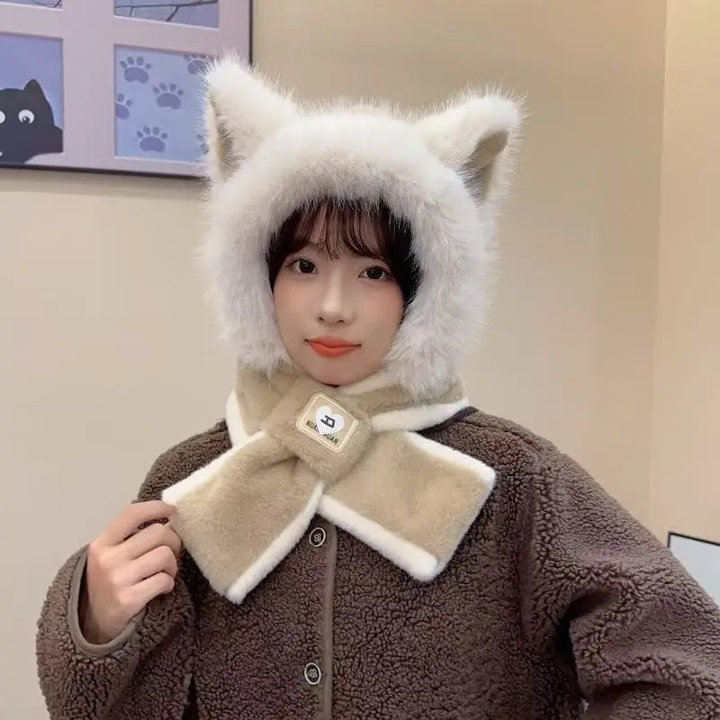 New autumn and winter hat and scarf set: a plush, fleece-lined, and thickened three-piece set for warmth and cold protection, including an ear-covering hat and a Lei Feng hat - Image 19
