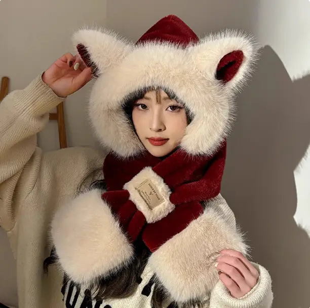 New autumn and winter hat and scarf set: a plush, fleece-lined, and thickened three-piece set for warmth and cold protection, including an ear-covering hat and a Lei Feng hat - Image 24