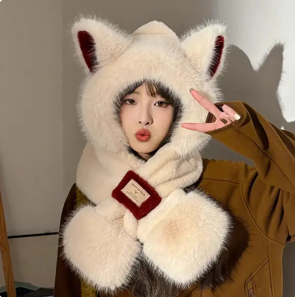 New autumn and winter hat and scarf set: a plush, fleece-lined, and thickened three-piece set for warmth and cold protection, including an ear-covering hat and a Lei Feng hat - Image 25