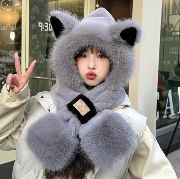 New autumn and winter hat and scarf set: a plush, fleece-lined, and thickened three-piece set for warmth and cold protection, including an ear-covering hat and a Lei Feng hat - Image 26