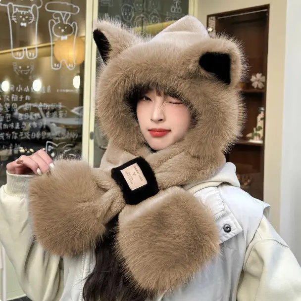 New autumn and winter hat and scarf set: a plush, fleece-lined, and thickened three-piece set for warmth and cold protection, including an ear-covering hat and a Lei Feng hat - Image 27