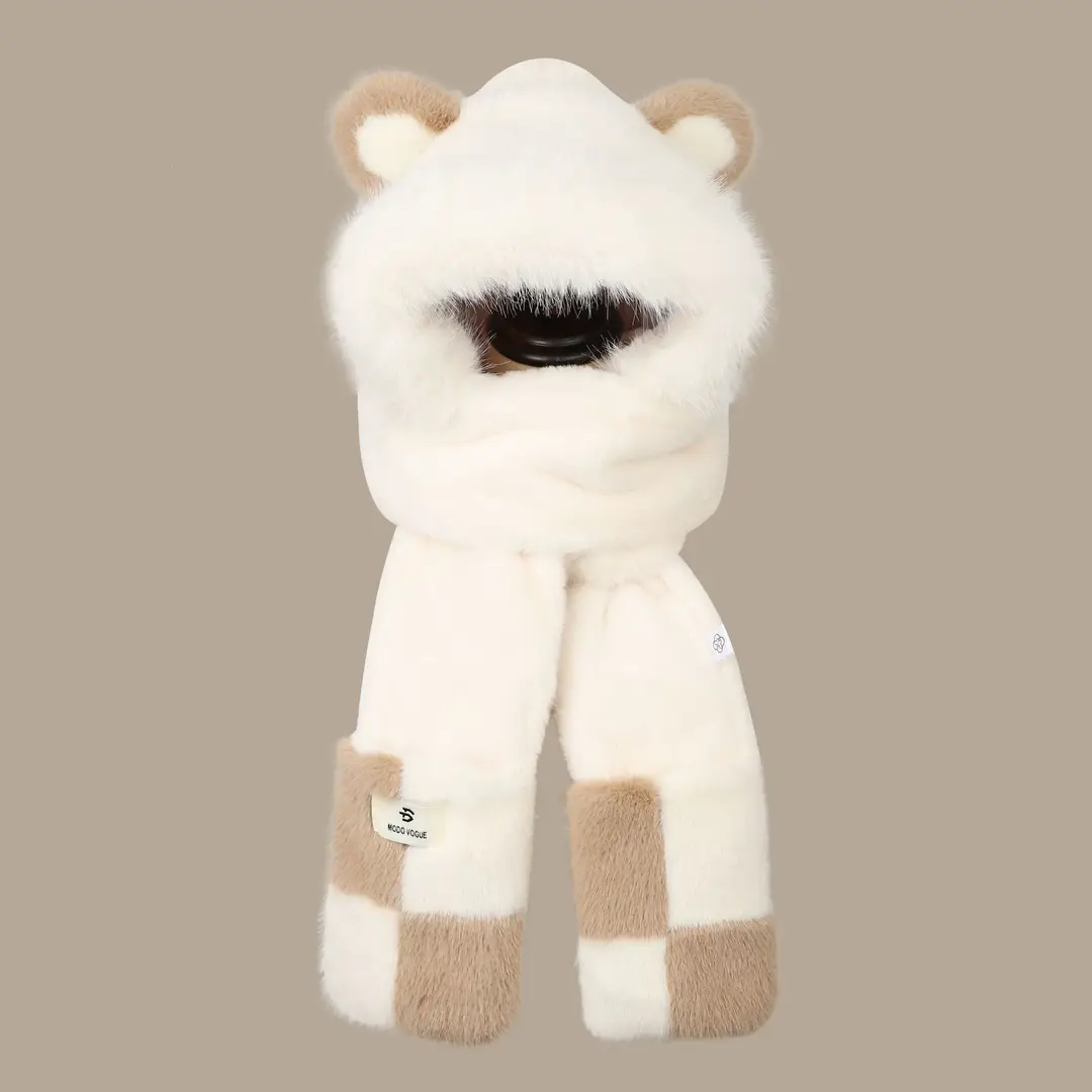 New autumn and winter hat and scarf set: a plush, fleece-lined, and thickened three-piece set for warmth and cold protection, including an ear-covering hat and a Lei Feng hat - Image 4