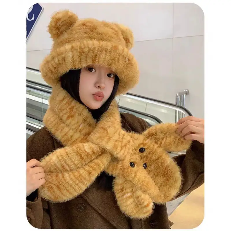 New autumn and winter hat and scarf set: a plush, fleece-lined, and thickened three-piece set for warmth and cold protection, including an ear-covering hat and a Lei Feng hat - Image 5