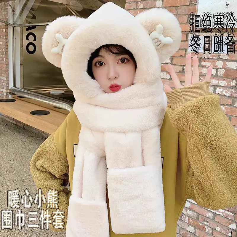 New autumn and winter hat and scarf set: a plush, fleece-lined, and thickened three-piece set for warmth and cold protection, including an ear-covering hat and a Lei Feng hat - Image 6