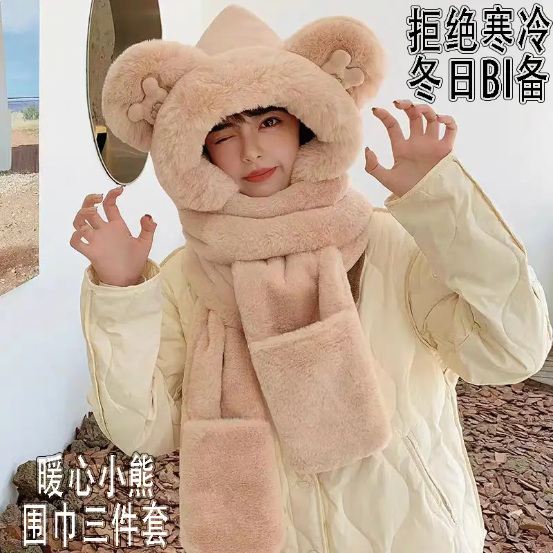 New autumn and winter hat and scarf set: a plush, fleece-lined, and thickened three-piece set for warmth and cold protection, including an ear-covering hat and a Lei Feng hat - Image 7