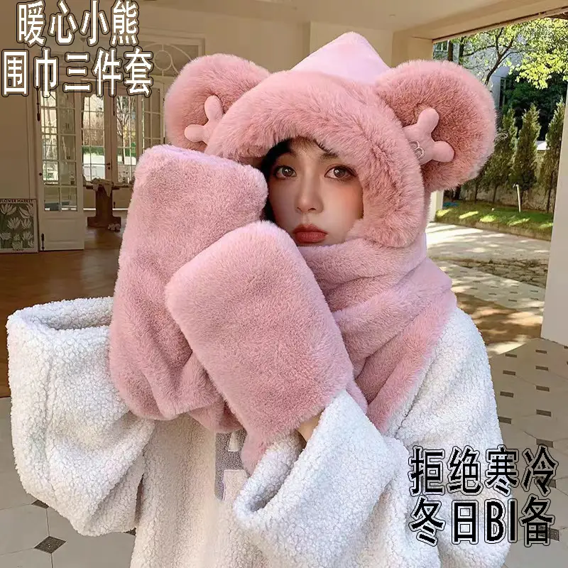 New autumn and winter hat and scarf set: a plush, fleece-lined, and thickened three-piece set for warmth and cold protection, including an ear-covering hat and a Lei Feng hat - Image 8