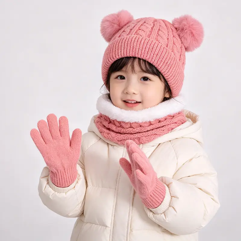 Autumn and winter children's warm three-piece set, double ball knitted hat, fleece-lined ear protection, warm baby wool hat