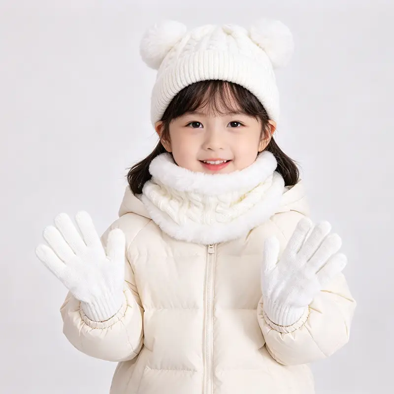 Autumn and winter children's warm three-piece set, double ball knitted hat, fleece-lined ear protection, warm baby wool hat