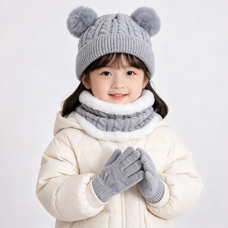 Autumn and winter children's warm three-piece set, double ball knitted hat, fleece-lined ear protection, warm baby wool hat