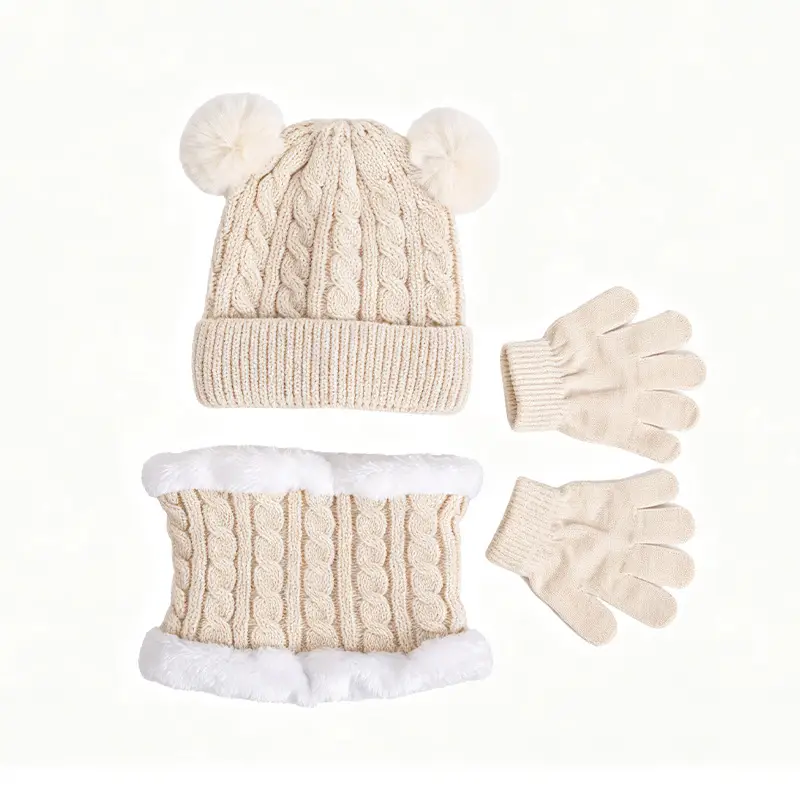 Autumn and winter children's warm three-piece set, double ball knitted hat, fleece-lined ear protection, warm baby wool hat