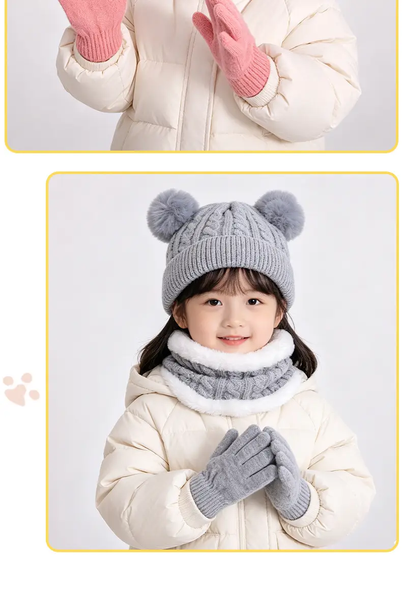 Autumn and winter children's warm three-piece set, double ball knitted hat, fleece-lined ear protection, warm baby wool hat — feature 10