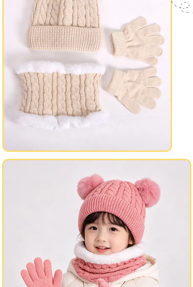 Autumn and winter children's warm three-piece set, double ball knitted hat, fleece-lined ear protection, warm baby wool hat — feature 9