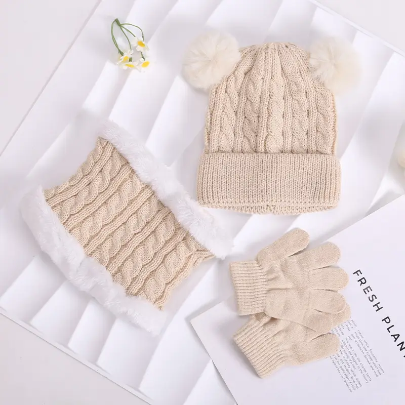 Autumn and winter children's warm three-piece set, double ball knitted hat, fleece-lined ear protection, warm baby wool hat