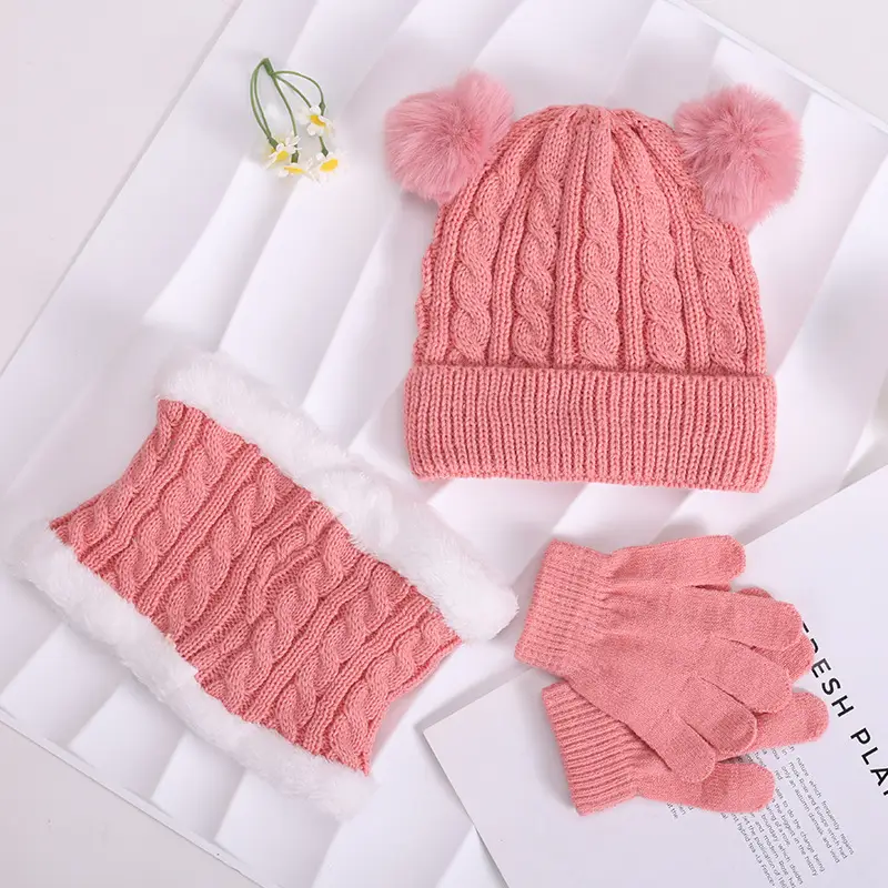 Autumn and winter children's warm three-piece set, double ball knitted hat, fleece-lined ear protection, warm baby wool hat