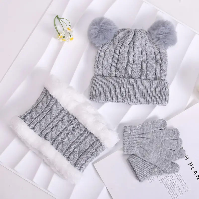 Autumn and winter children's warm three-piece set, double ball knitted hat, fleece-lined ear protection, warm baby wool hat