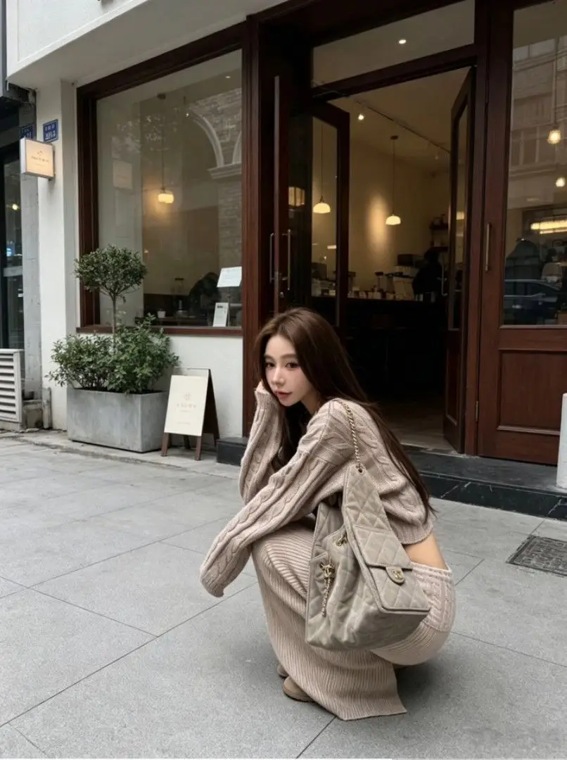 Early autumn women's elegant and sophisticated two-piece set: a round-neck, cable-knit short sweater paired with a high-waisted skirt — feature 4