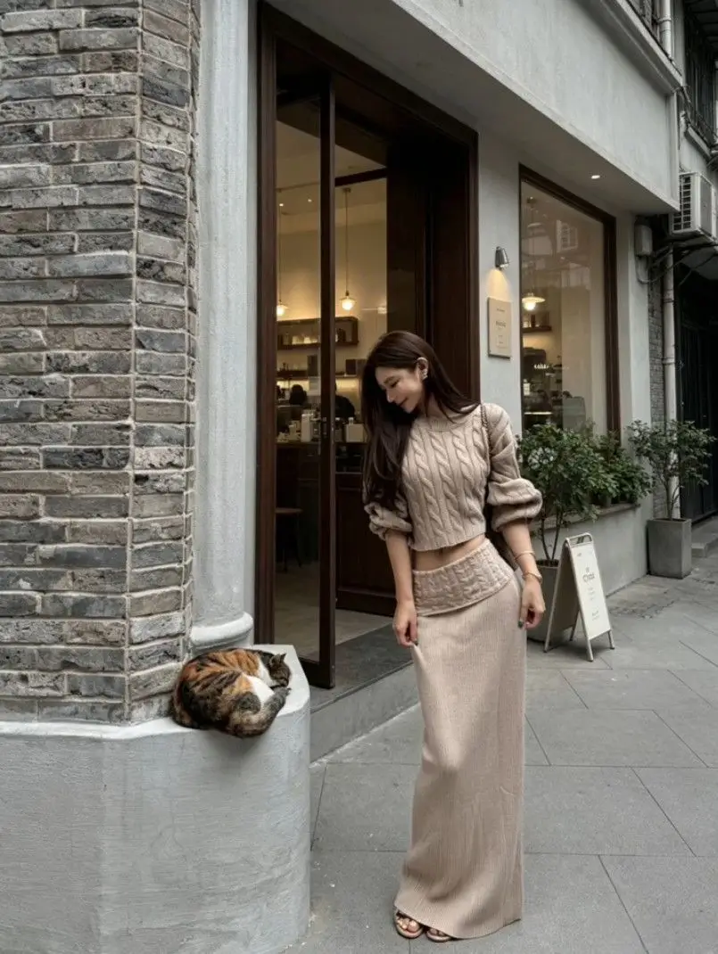 Early autumn women's elegant and sophisticated two-piece set: a round-neck, cable-knit short sweater paired with a high-waisted skirt — feature 5