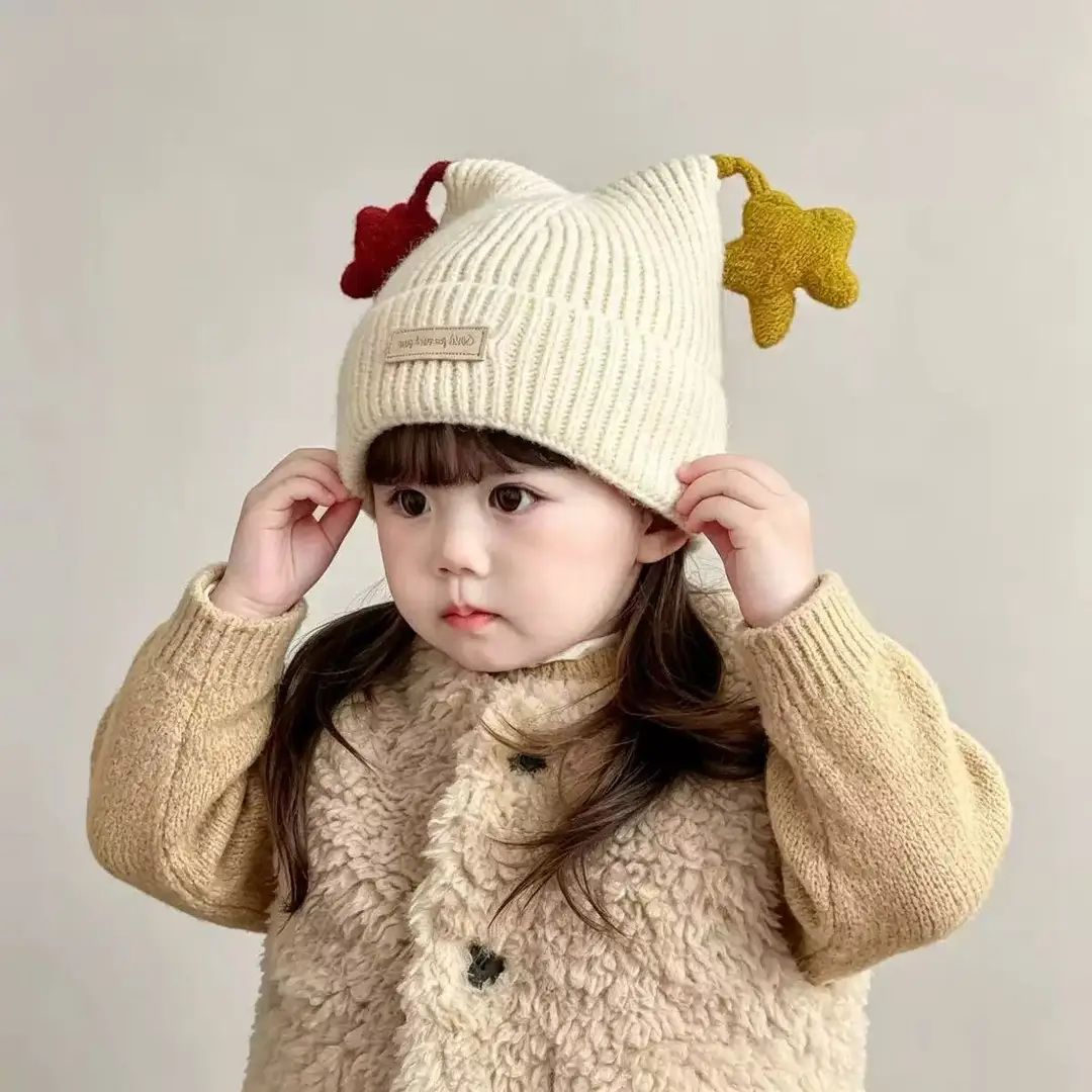Children's hat, autumn and winter Korean-style, cute star and antennae design, five-pointed star knitted hat, unisex baby beanie