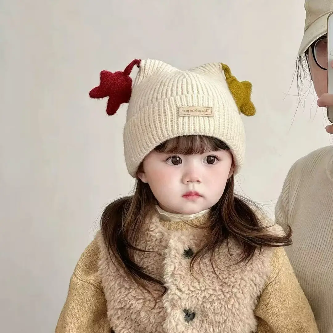 Children's hat, autumn and winter Korean-style, cute star and antennae design, five-pointed star knitted hat, unisex baby beanie
