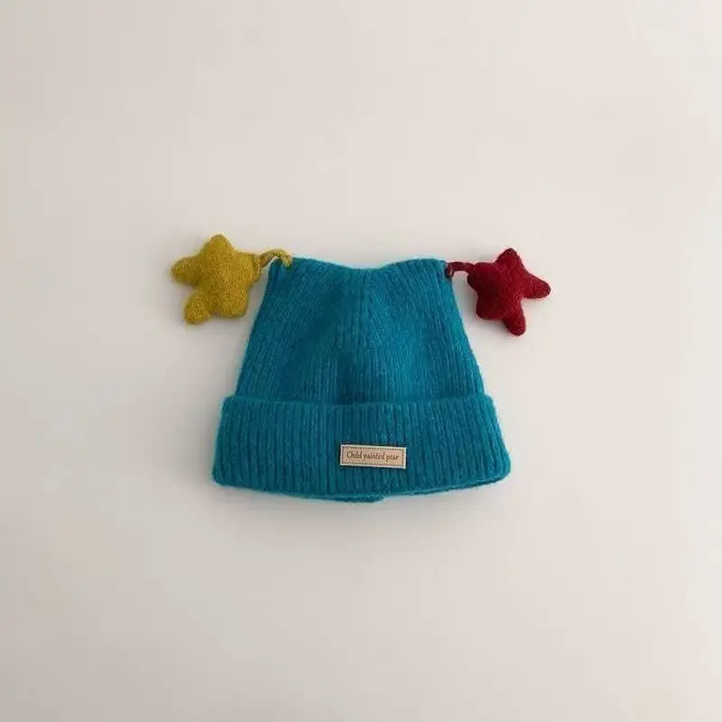 Children's hat, autumn and winter Korean-style, cute star and antennae design, five-pointed star knitted hat, unisex baby beanie
