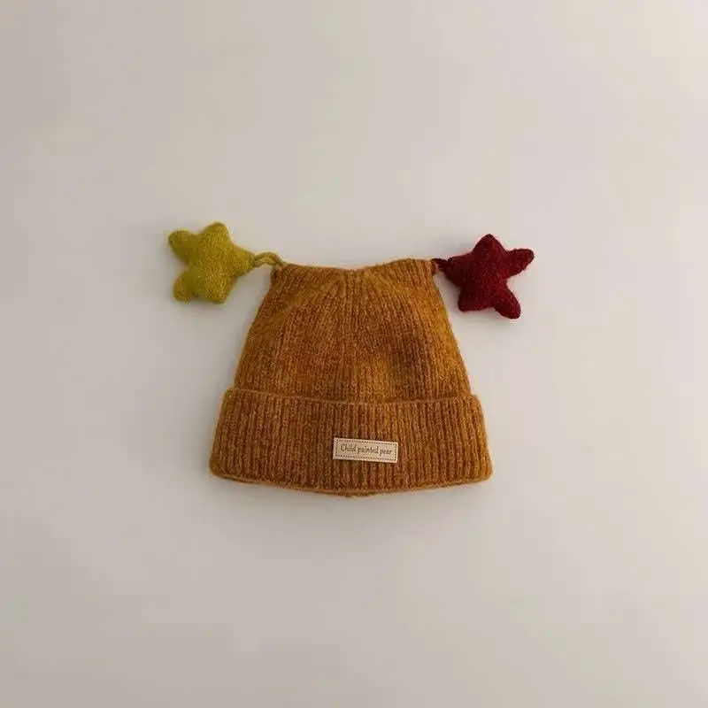 Children's hat, autumn and winter Korean-style, cute star and antennae design, five-pointed star knitted hat, unisex baby beanie