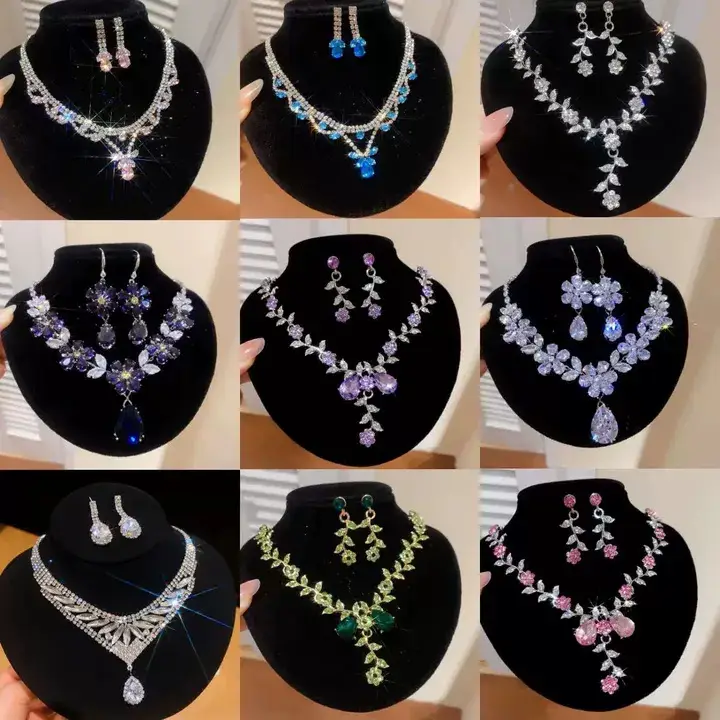 European and American style, featuring diamond-studded teardrop and geometric earrings and a necklace set, with a retro, courtly aesthetic, making it a fashionable and versatile accessory for women