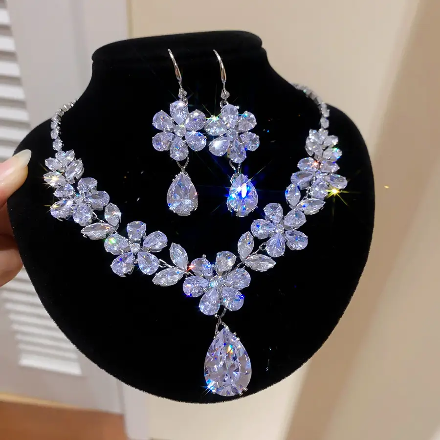 European and American style, featuring diamond-studded teardrop and geometric earrings and a necklace set, with a retro, courtly aesthetic, making it a fashionable and versatile accessory for women