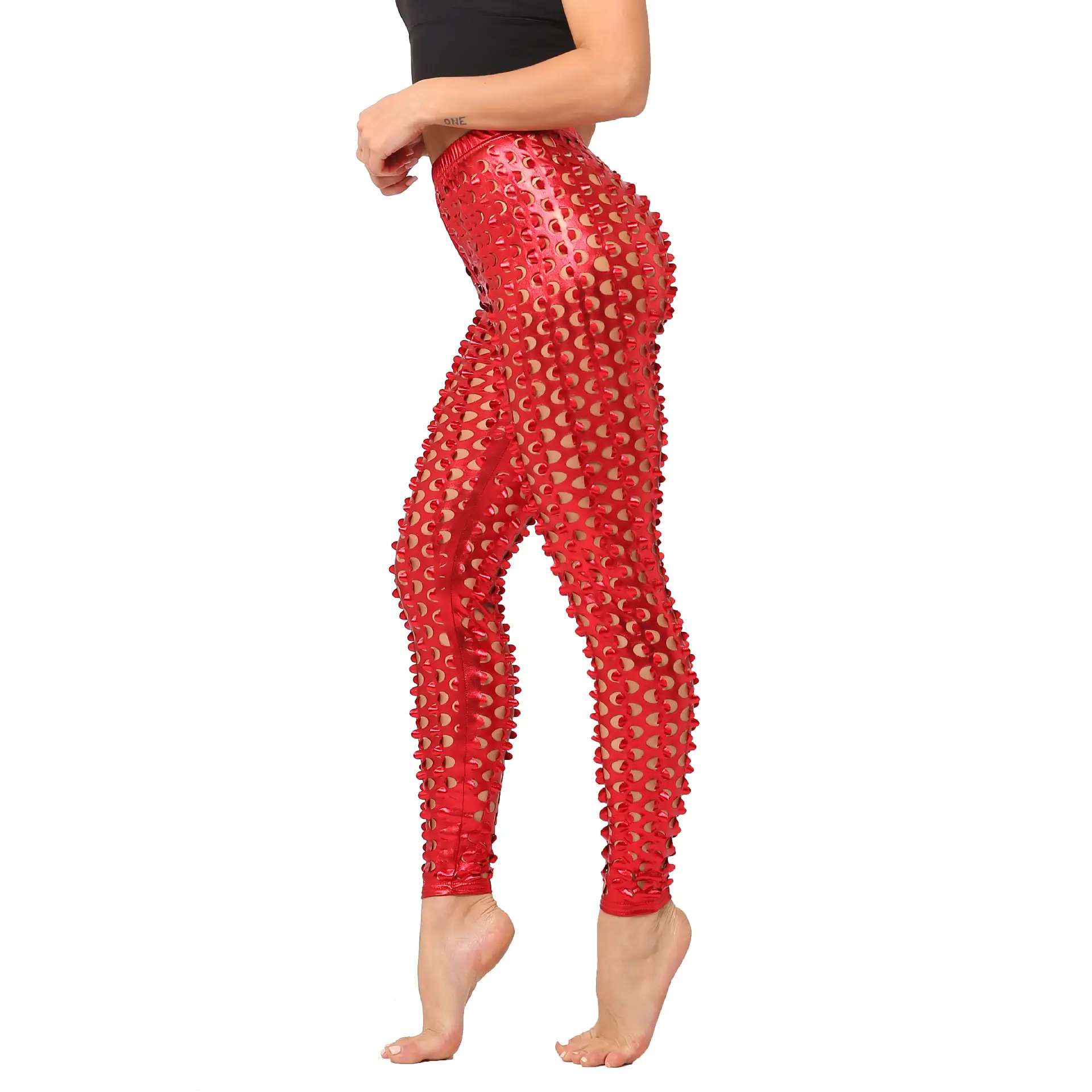 Red Fish Scale Leggings with Elastic Waistband - Image 11