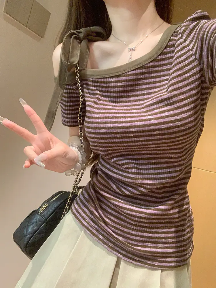 Purple Stripesd Sloping Shoulder Short-Sleeved T-Shirt for Women in Summer Slim Korean Style Off-Shoulder Design Niche Unique Sexy Top - Image 3