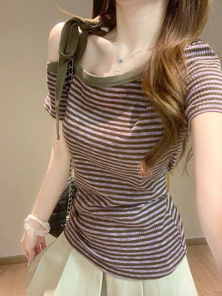 Purple Stripesd Sloping Shoulder Short-Sleeved T-Shirt for Women in Summer Slim Korean Style Off-Shoulder Design Niche Unique Sexy Top - Image 4