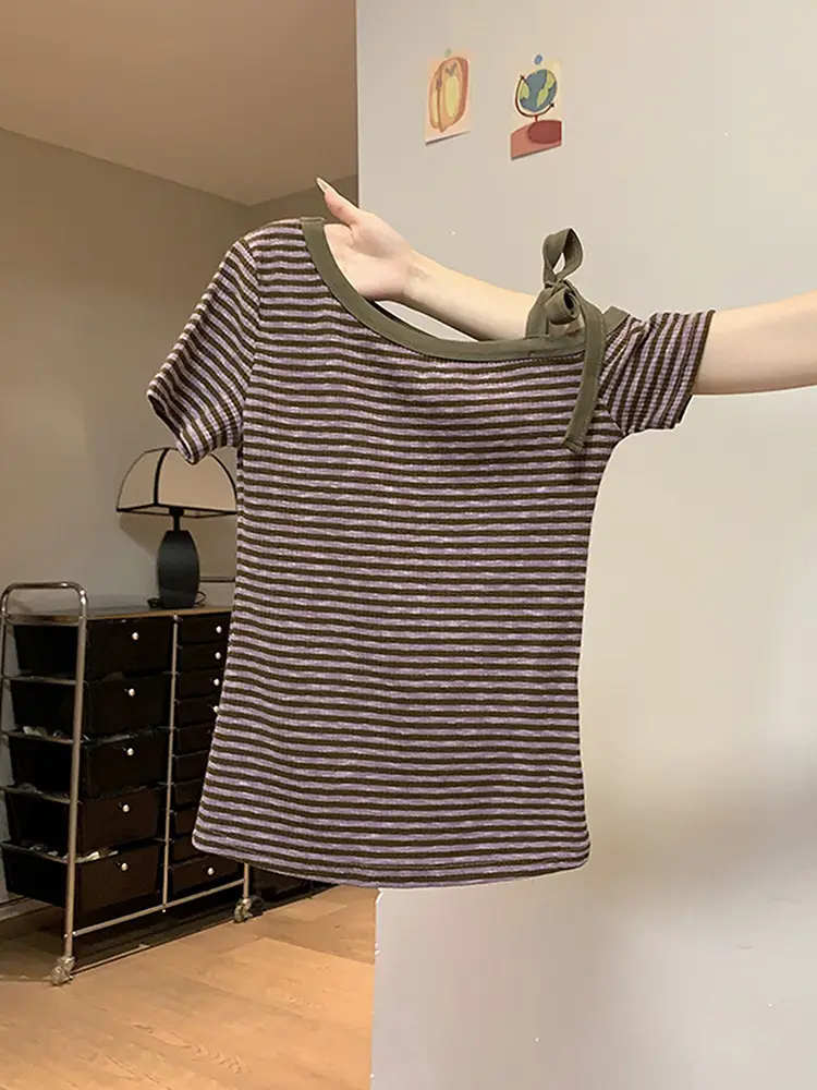 Purple Stripesd Sloping Shoulder Short-Sleeved T-Shirt for Women in Summer Slim Korean Style Off-Shoulder Design Niche Unique Sexy Top - Image 6