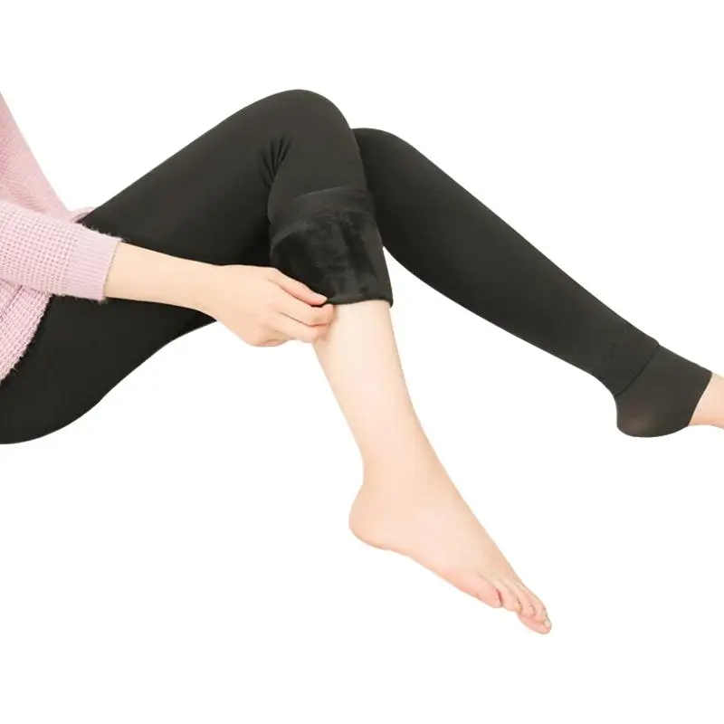 Black Velvet Knee-high Leggings for Women Winter Warm Pants