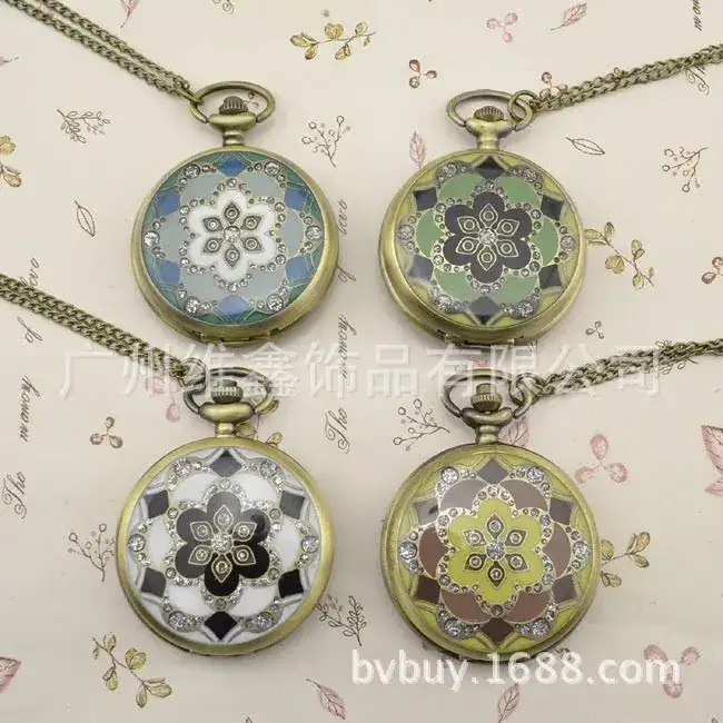 Retro Glue Flower Hanging Chain Pocket Watch with Diamond Petals Dot Diamond Export Bronze Wholesale 4.5cm