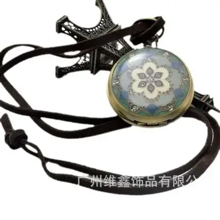 Retro Glue Flower Hanging Chain Pocket Watch with Diamond Petals Dot Diamond Export Bronze Wholesale 4.5cm