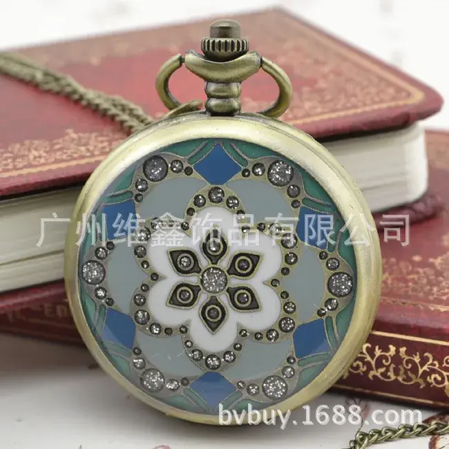 Retro Glue Flower Hanging Chain Pocket Watch with Diamond Petals Dot Diamond Export Bronze Wholesale 4.5cm — feature 10