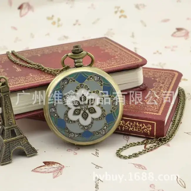 Retro Glue Flower Hanging Chain Pocket Watch with Diamond Petals Dot Diamond Export Bronze Wholesale 4.5cm — feature 11