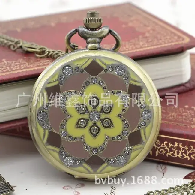 Retro Glue Flower Hanging Chain Pocket Watch with Diamond Petals Dot Diamond Export Bronze Wholesale 4.5cm — feature 13