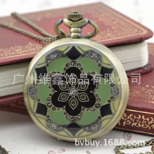 Retro Glue Flower Hanging Chain Pocket Watch with Diamond Petals Dot Diamond Export Bronze Wholesale 4.5cm — feature 14