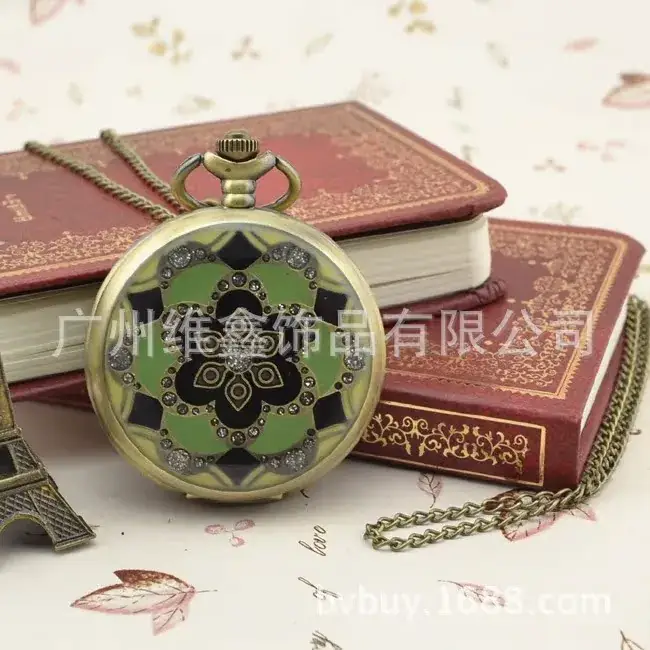 Retro Glue Flower Hanging Chain Pocket Watch with Diamond Petals Dot Diamond Export Bronze Wholesale 4.5cm — feature 15
