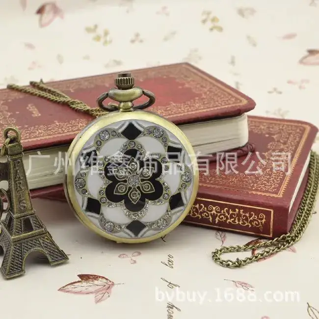 Retro Glue Flower Hanging Chain Pocket Watch with Diamond Petals Dot Diamond Export Bronze Wholesale 4.5cm — feature 16