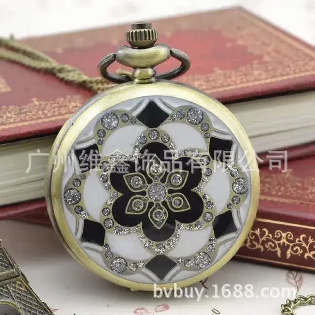 Retro Glue Flower Hanging Chain Pocket Watch with Diamond Petals Dot Diamond Export Bronze Wholesale 4.5cm — feature 17