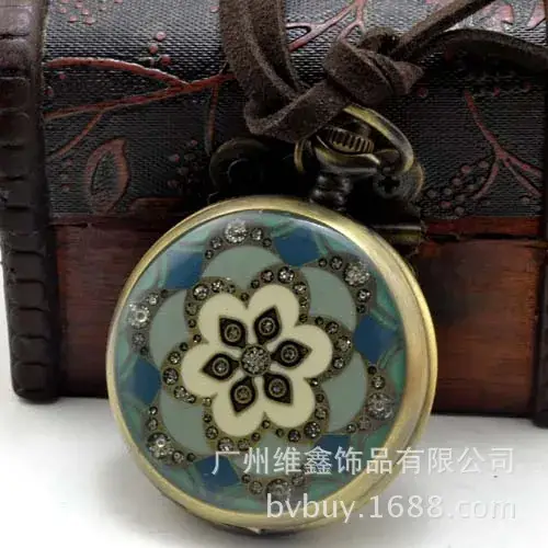 Retro Glue Flower Hanging Chain Pocket Watch with Diamond Petals Dot Diamond Export Bronze Wholesale 4.5cm — feature 20